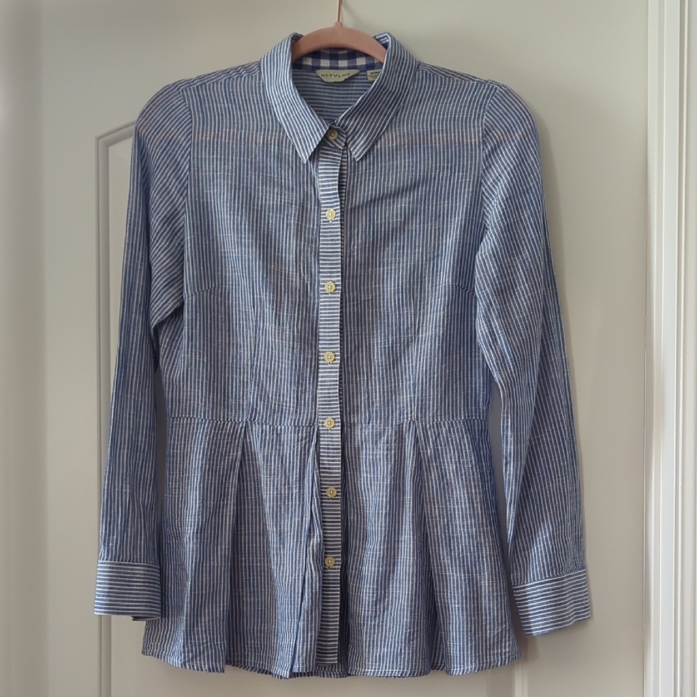 TYHLO Blue 3/4 Sleeve Button Down Peplum Blouse